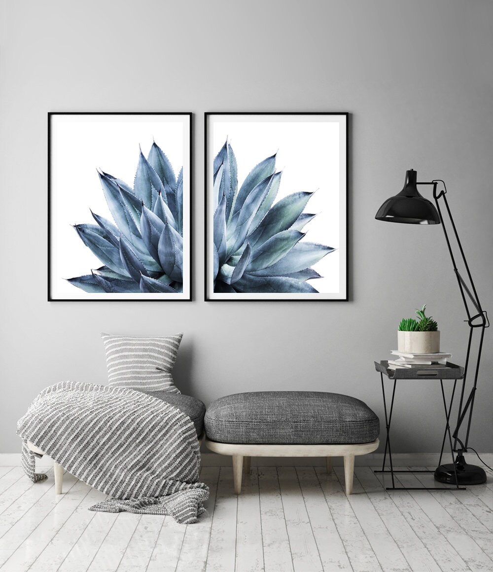Succulent Print Blue Wall Art Print Set Succulent Prints | Etsy