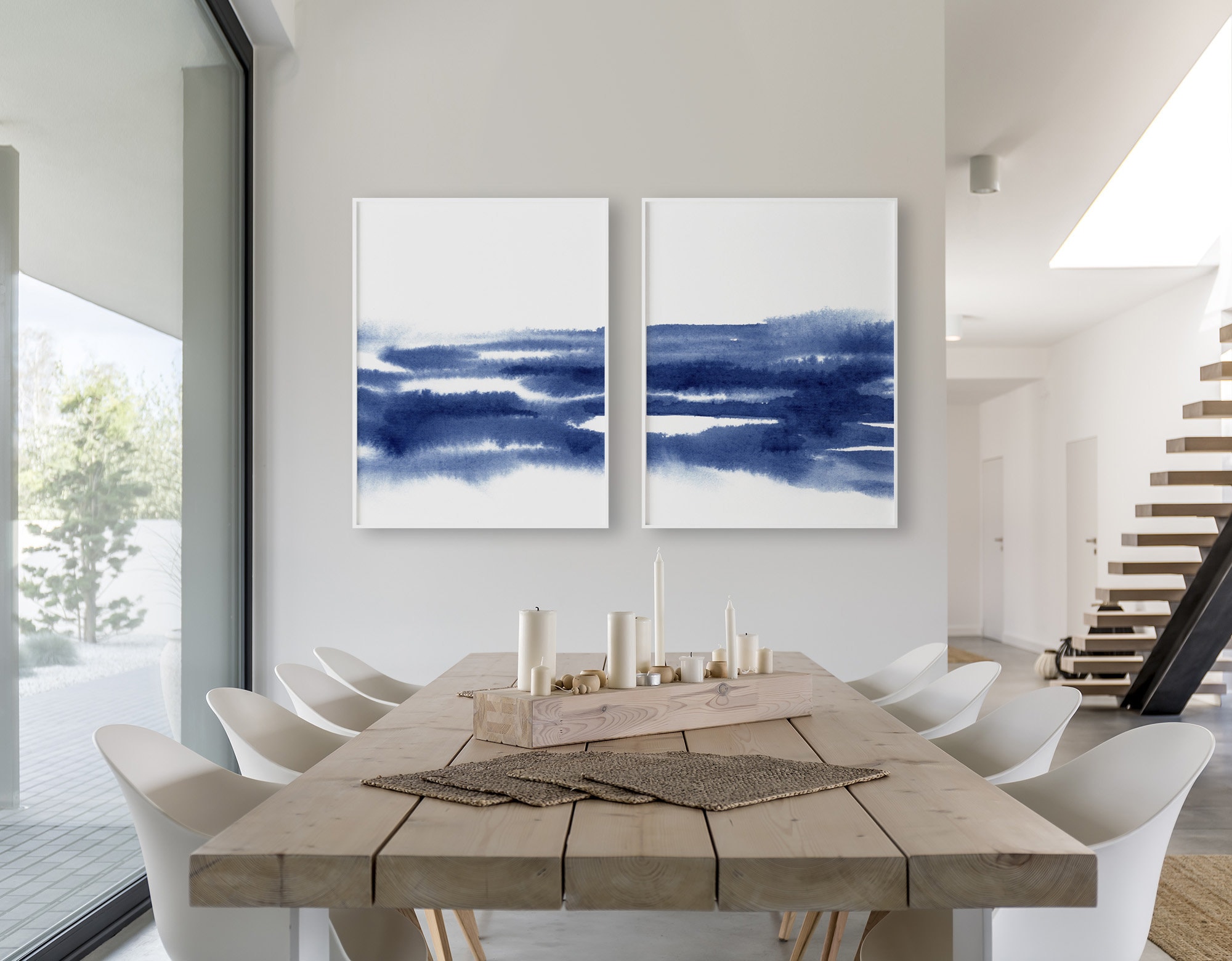 Set of 2 Blue White Wall Art Abstract Art Printable Blue Etsy