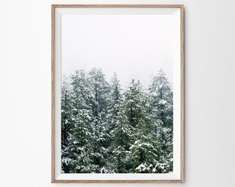Winter Forest Print, Snow Covered Pine Trees, Christmas Decor, Green Forest Printable, Nature Print, Modern Home Decor, Forest Wall Art
