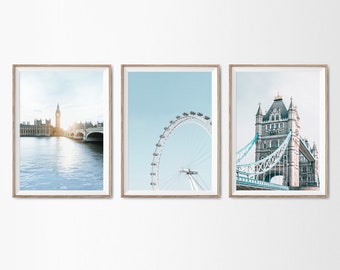 Láminas de Londres, Juego de 3 láminas, London Eye, Big Ben, Tower Bridge, Descarga digital, Fotografía de Londres, Fotografía de viajes, Arte imprimible