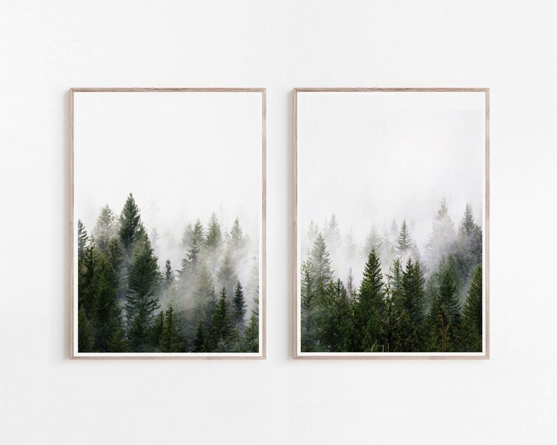 May include: Two framed prints of a misty forest scene with tall evergreen trees. The prints are in a light wood frame and have a white background.