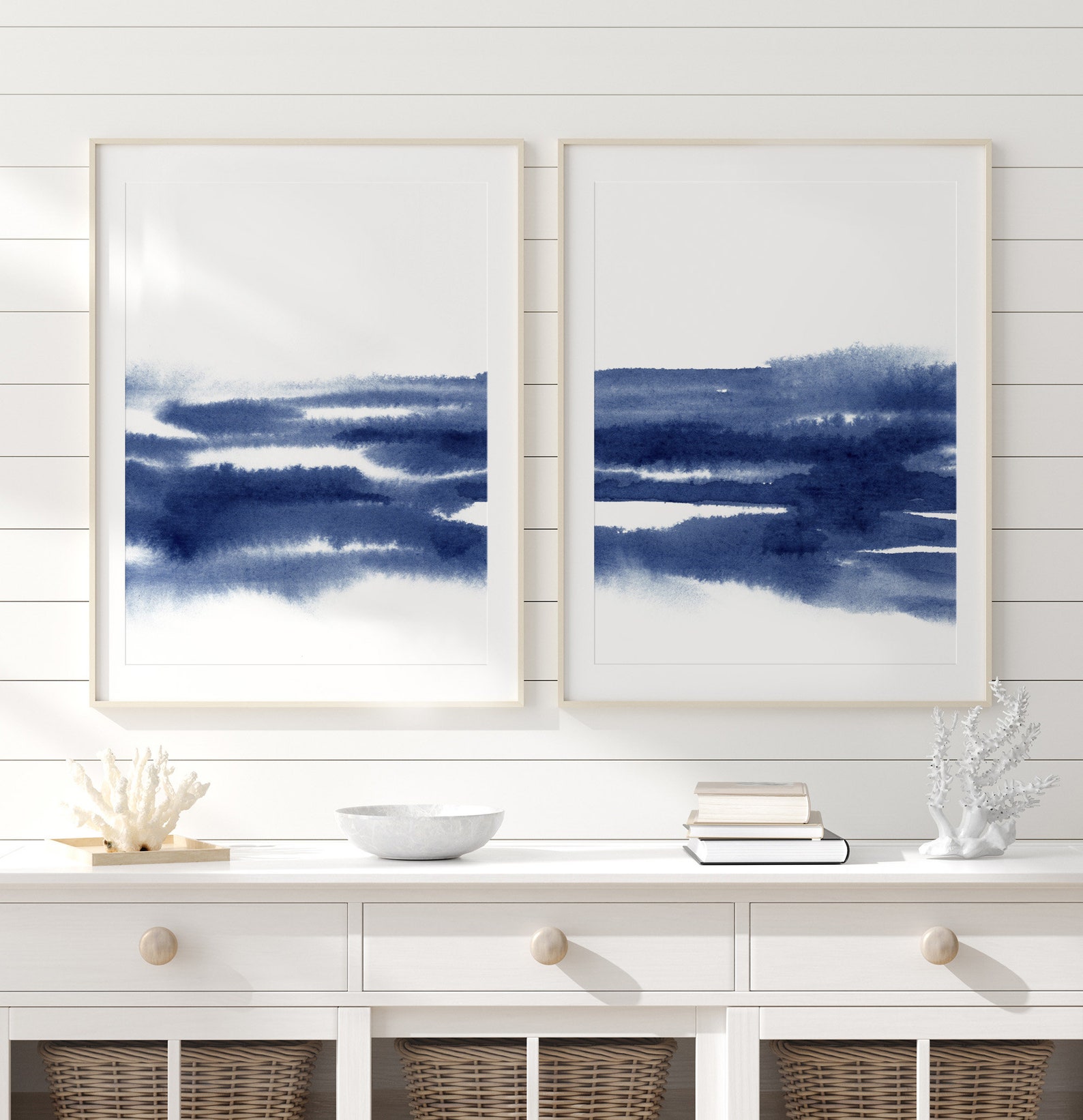 Set of 2 Blue White Wall Art Abstract Art Printable Blue Etsy
