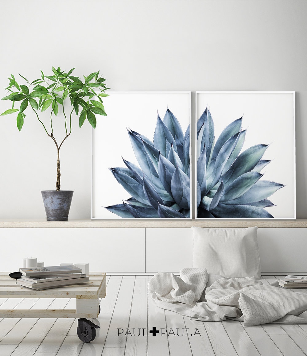 Succulent Print Blue Wall Art Print Set Succulent Prints | Etsy