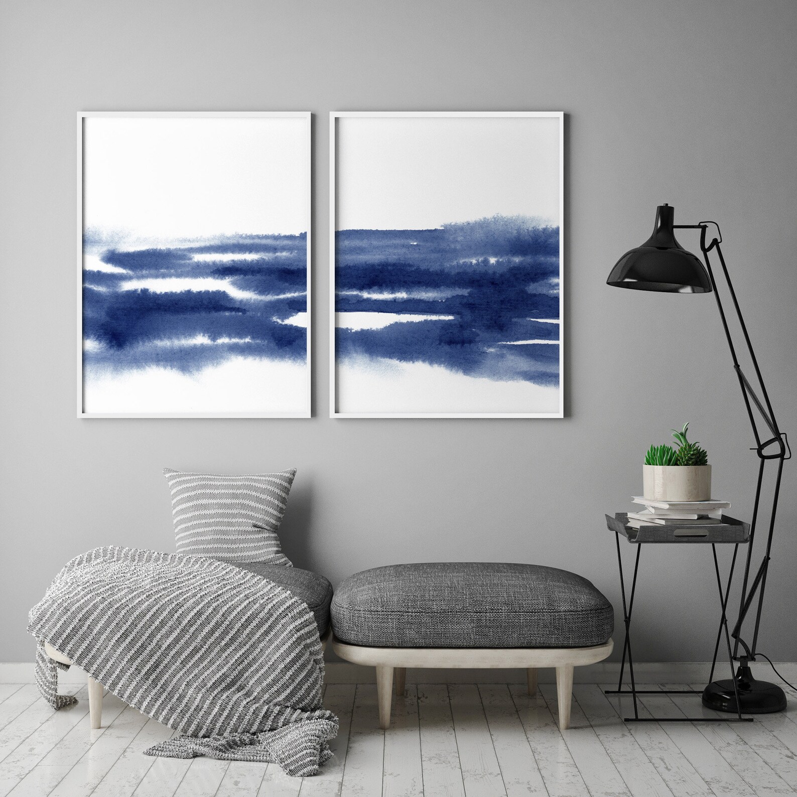 Set of 2 Blue White Wall Art Abstract Art Printable Blue Etsy