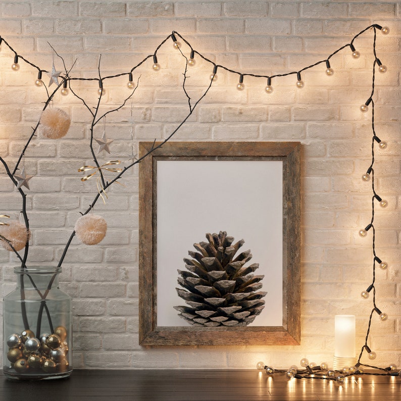 May include: A rustic wooden frame with a white mat and a print of a brown pine cone. The frame is hanging on a white brick wall with a string of white lights draped across the top. There are also branches with white pom-poms and gold stars in a clear vase on the left side of the frame.