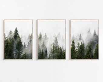 Walddruck 3er Set, Wald Fotografie, 3-teiliger Landschaftsdruck, minimalistisches Poster, nebliger Wald, grüner Walddruck, immergrüner Druck