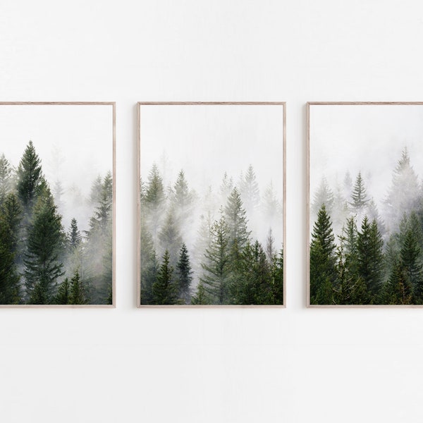 Forest Print Set of 3, Forest Photography, 3 Piece Landscape Print, Minimalist Poster, Misty Forest, Green Forest Print, Evergreen Print