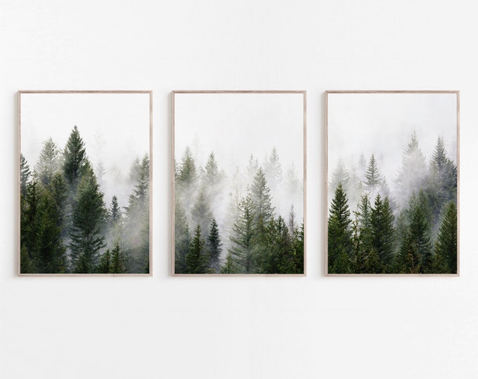 3 Piece Forest Wall Art Print, Set of 3 Forest Landscape Art, Green ...