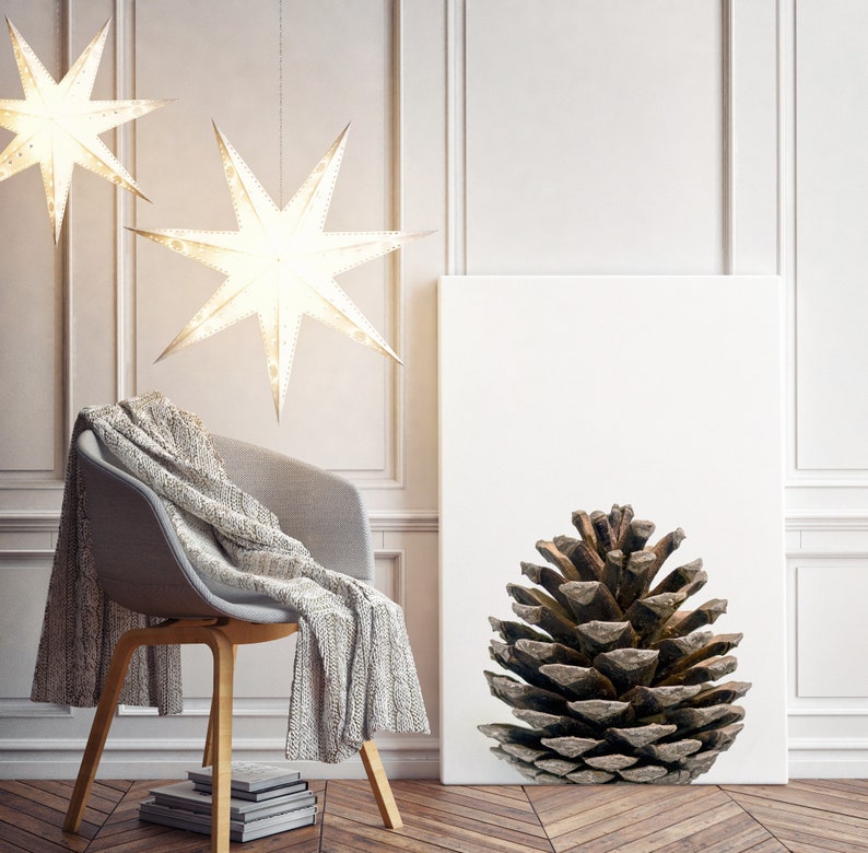 May include: A large brown pine cone on a white canvas against a white wall with a gray chair and two white paper star lanterns hanging from the ceiling.