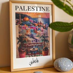 Impresión digital vibrante inspirada en Matisse de Palestina al atardecer, impresión de viaje a Palestina, Cúpula de la Roca, arte digital de Palestina, póster de Gaza