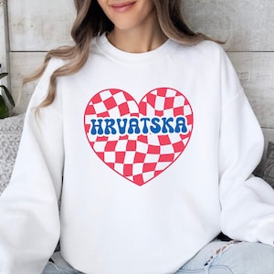 Hrvatska Srce Dzemper, Croatia Checkered Heart Sweatshirt Festival Outfit, Croatian Soccer Clothes,Hrvatski Nogomet Odjeca Poklon