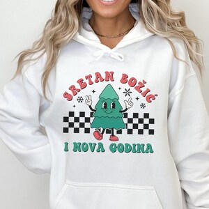Cartoon SRETAN Bozic Hoodie, Hrvatska Retro Croatia Christmas Tree Sweatshirt, Croatian Gift, Hrvatski Jezik Dzemper Poklon, Balkan Holiday