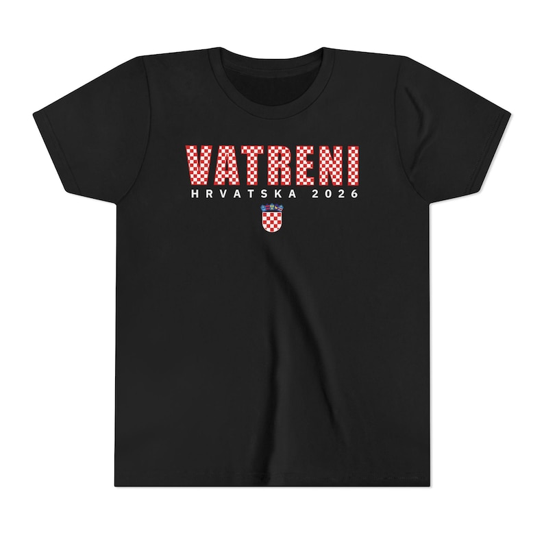 May include: Black t-shirt with the word "VATRENI" in a red and white checkered pattern. Below the word is "HRVATSKA 2026" in white text, and a Croatian coat of arms.
