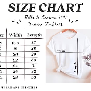 K&ouml;nnte beinhalten: Gr&ouml;&szlig;entabelle f&uuml;r ein Unisex-T-Shirt von Bella + Canvas 3001. Die Tabelle zeigt die Breite und L&auml;nge in Zoll f&uuml;r die Gr&ouml;&szlig;en XS bis 3XL.