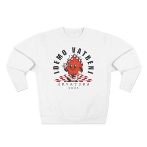 Idemo Vatreni Cartoon Fire Sweatshirt, Croatia Soccer 2026 Hrvatska Nogomet Džemper White