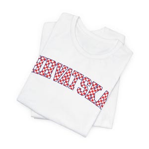 Hrvatska Checkers Shirt, Croatian Red and White Checks Soccer Tee, Hrvatski Nogomet Majica White