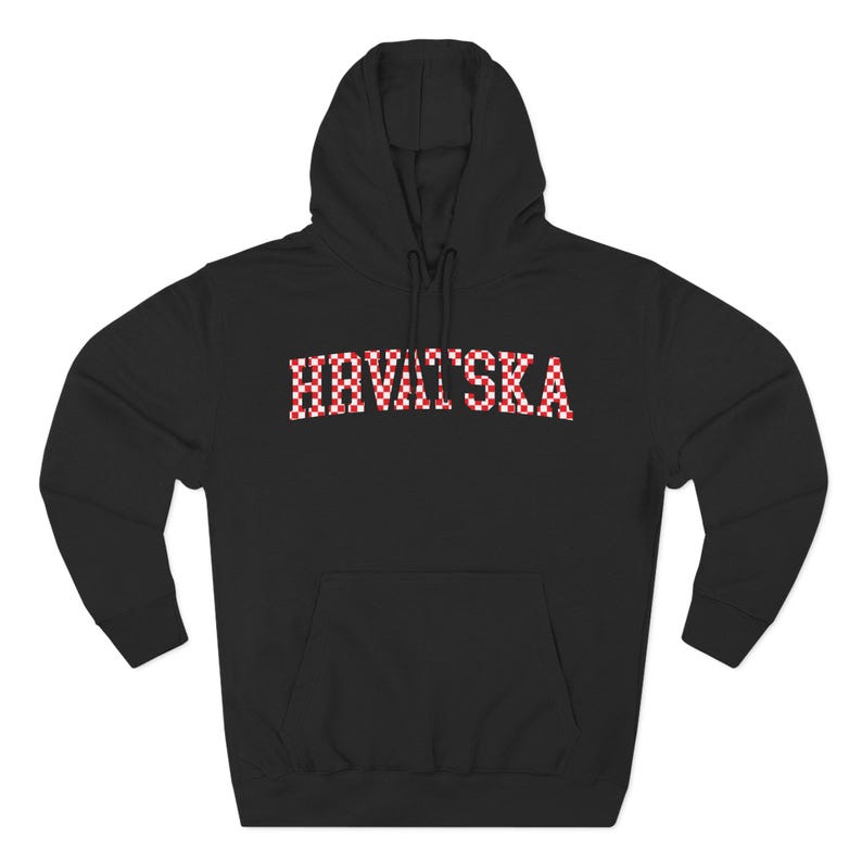 Hrvatska Checkers Hoodie, Croatian Red and White Checks Soccer Sweatshirt, Hrvatski Nogomet Džemper Black