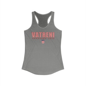 May include: Gray racerback tank top with the word "VATRENI" in a red and white checkered pattern. Below the word is "HRVATSKA 2026" in red, and a Croatian coat of arms. The tank top is made of a soft material.