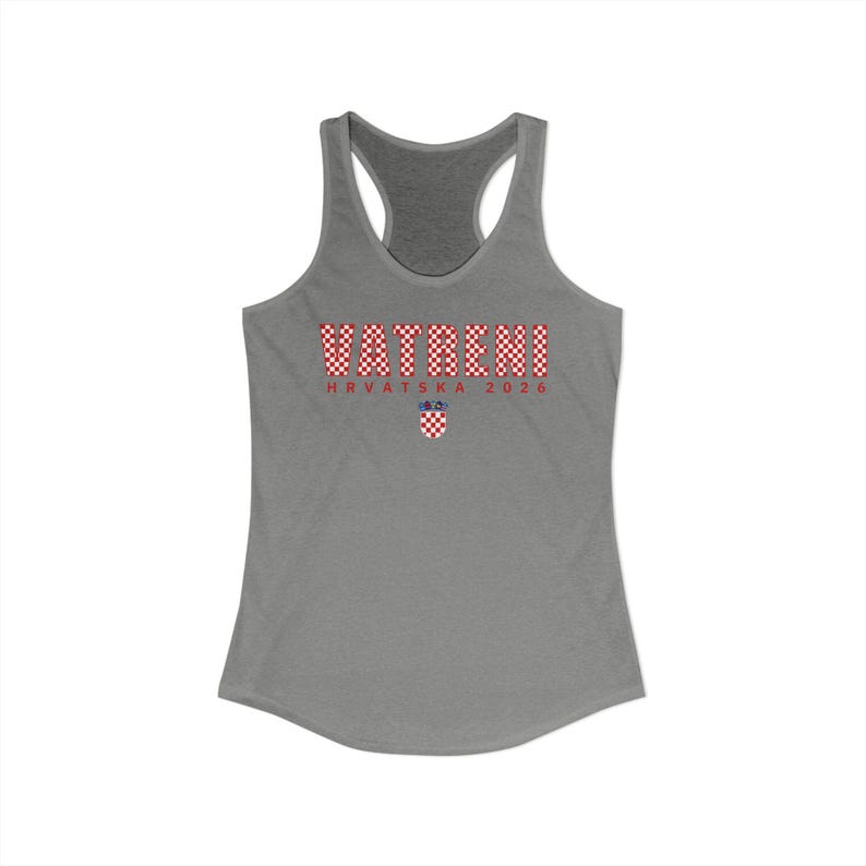May include: Gray racerback tank top with the word "VATRENI" in a red and white checkered pattern. Below the word is "HRVATSKA 2026" in red, and a Croatian coat of arms. The tank top is made of a soft material.