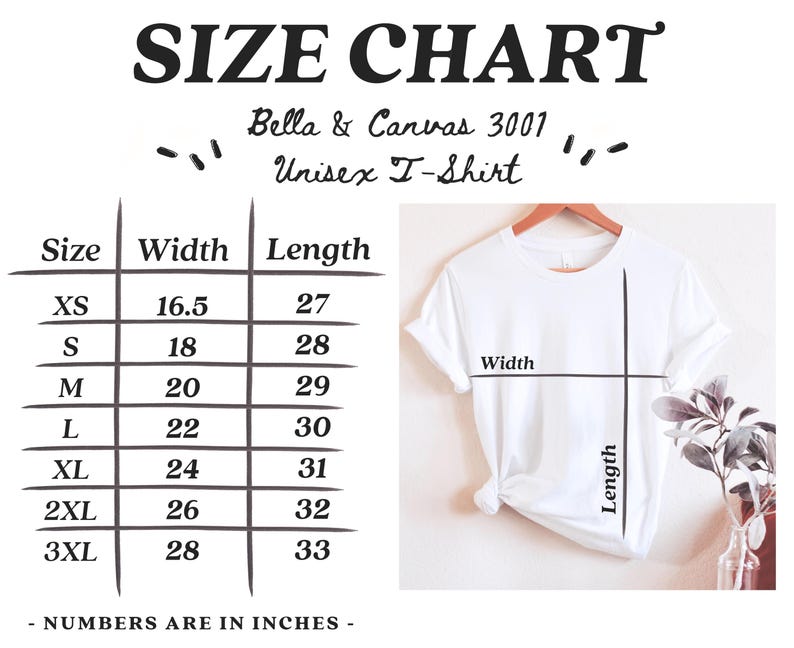 Op de afbeelding: Maattabel voor een unisex t-shirt van Bella + Canvas, model 3001. De tabel toont de breedte en lengte in inches voor maten XS tot 3XL.