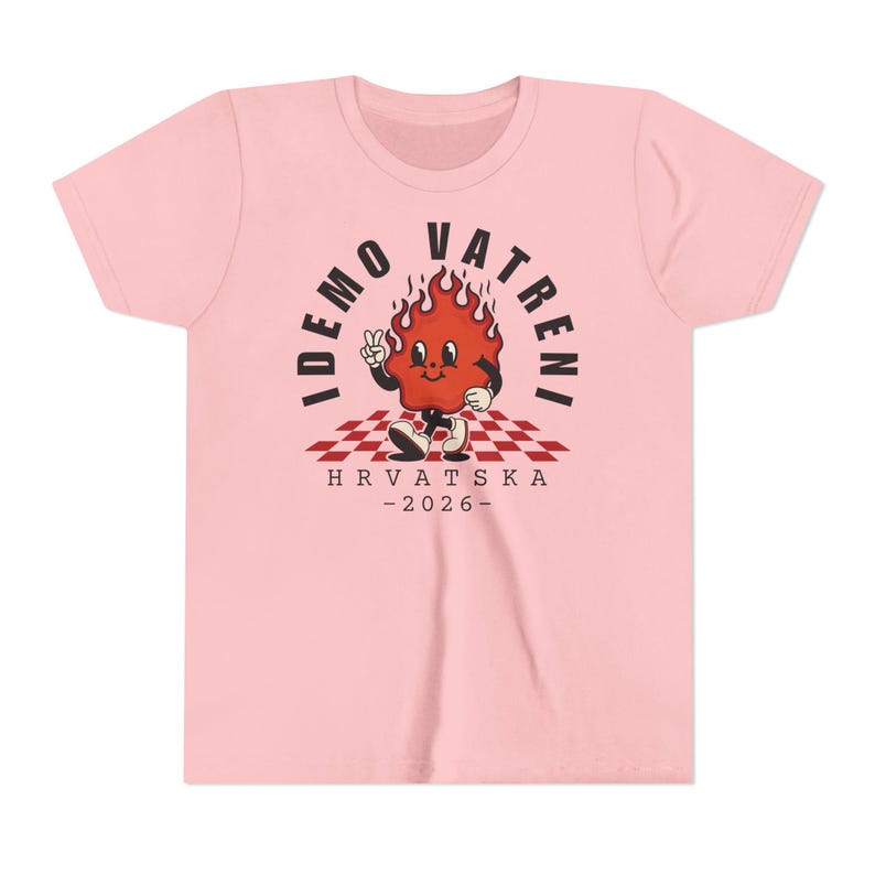 Idemo Vatreni Cartoon Fire Kids Shirt, Croatia Soccer 2026 Shirt, Hrvatska Nogomet Djeca Majica Pink