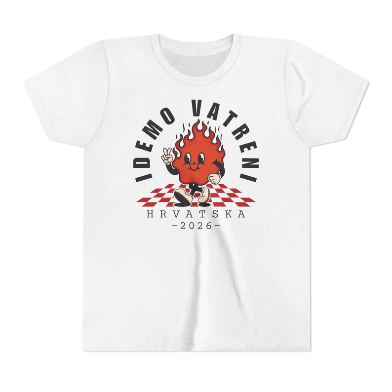 Idemo Vatreni Cartoon Fire Kids Shirt, Croatia Soccer 2026 Shirt, Hrvatska Nogomet Djeca Majica White