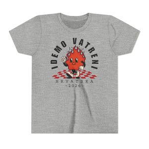 Idemo Vatreni Cartoon Fire Kids Shirt, Croatia Soccer 2026 Shirt, Hrvatska Nogomet Djeca Majica Athletic Heather