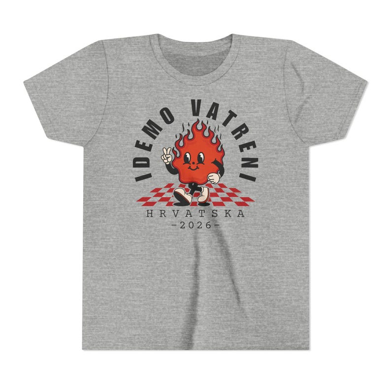 Idemo Vatreni Cartoon Fire Kids Shirt, Croatia Soccer 2026 Shirt, Hrvatska Nogomet Djeca Majica Athletic Heather