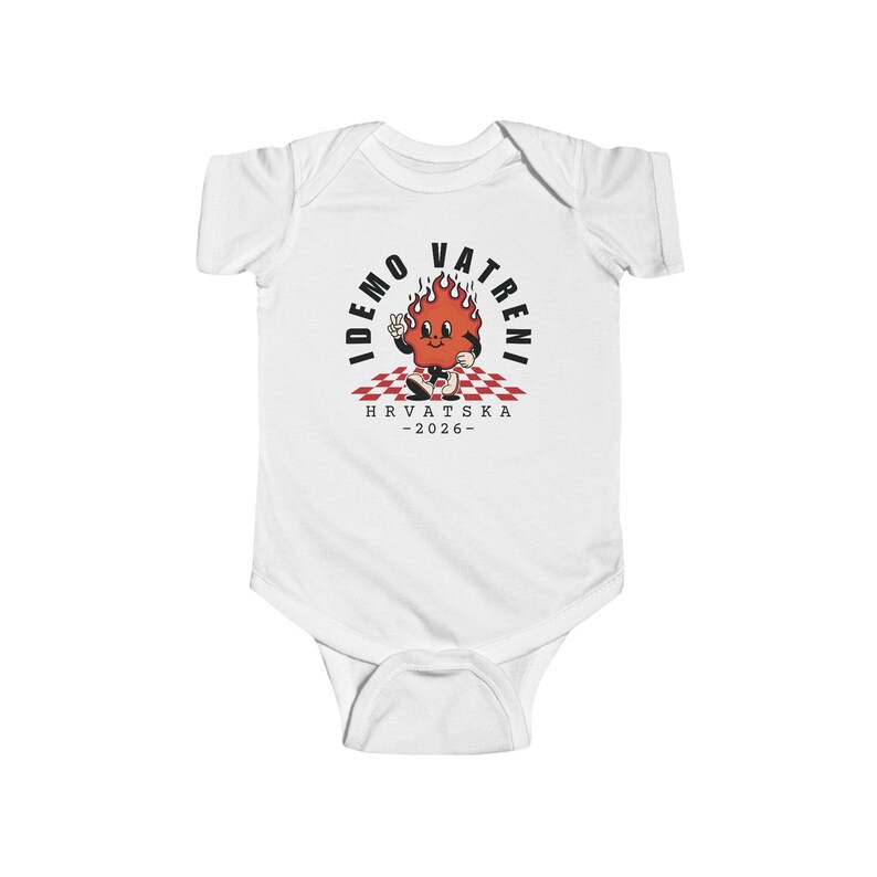 Idemo Vatreni Cartoon Fire Body para bebé, camiseta de fútbol de Croacia 2026, Hrvatska Nogomet Beba Majica White