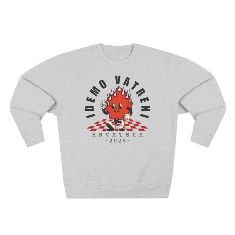 Idemo Vatreni Cartoon Fire Sweatshirt, Croatia Soccer 2026 Hrvatska Nogomet Džemper Heather Grey