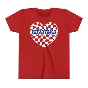 Hrvatska Kids Retro Heart Shirt, Boys Girls Croacia Camiseta de fútbol, Djeca Hrvatski Nogomet Majica Poklon, Regalo de ropa para fanáticos del fútbol croata Red