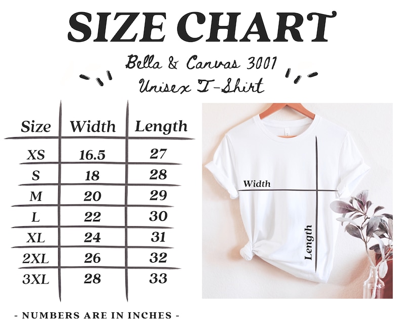 K&ouml;nnte beinhalten: Gr&ouml;&szlig;entabelle f&uuml;r ein Unisex-T-Shirt von Bella + Canvas 3001. Die Tabelle zeigt die Breite und L&auml;nge in Zoll f&uuml;r die Gr&ouml;&szlig;en XS bis 3XL.