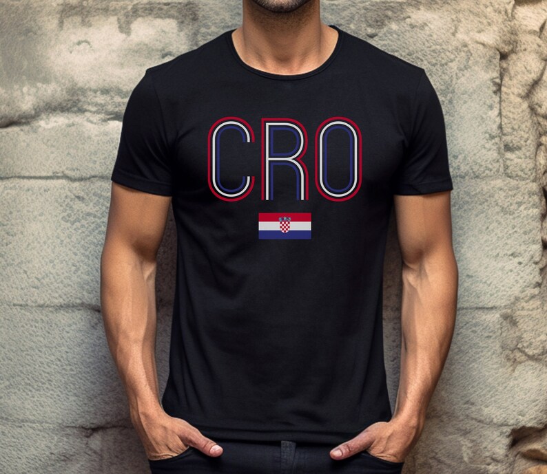 May include: Black t-shirt with the word "CRO" in red, white, and blue outlined letters. A small Croatian flag is below the word.