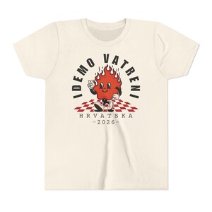 Idemo Vatreni Cartoon Fire Kids Shirt, Croatia Soccer 2026 Shirt, Hrvatska Nogomet Djeca Majica Natural