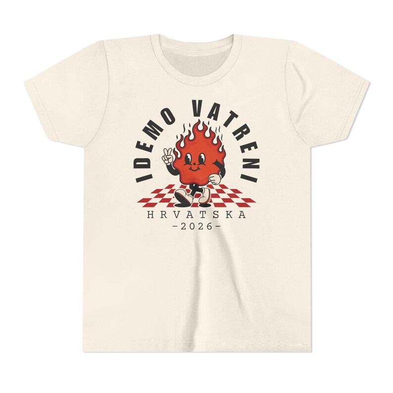 Idemo Vatreni Cartoon Fire Kids Shirt, Croatia Soccer 2026 Shirt, Hrvatska Nogomet Djeca Majica Natural