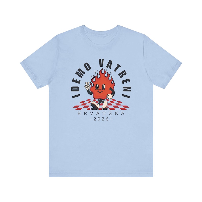 Idemo Vatreni Cartoon Fire Shirt, Croatia Soccer 2026 Tee, Hrvatska Nogomet Majica Baby Blue