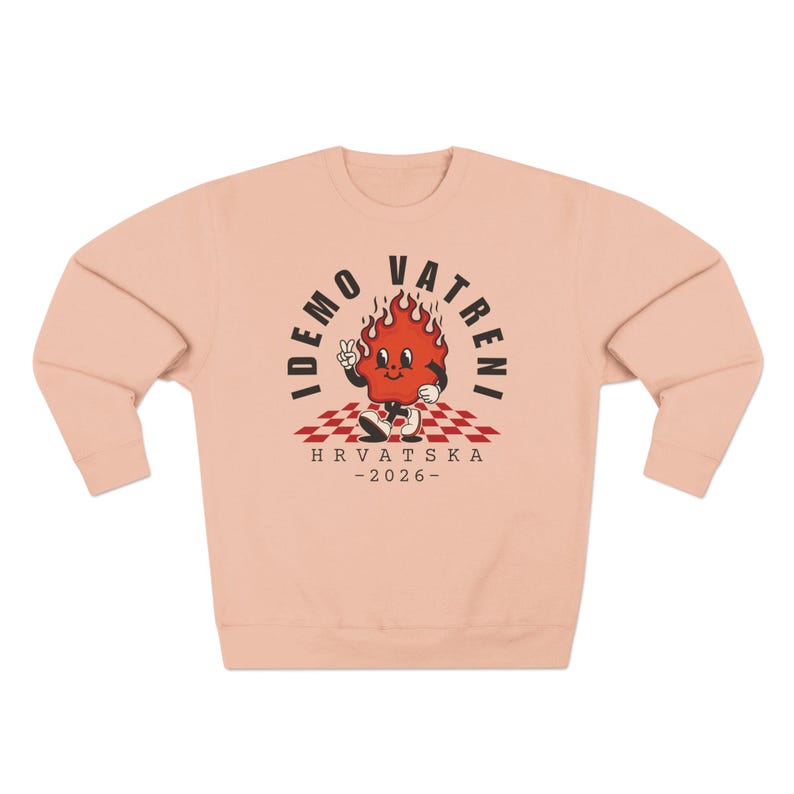 Idemo Vatreni Cartoon Fire Sweatshirt, Croatia Soccer 2026 Hrvatska Nogomet Džemper Pale Pink