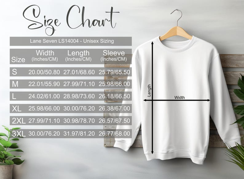 May include: White unisex sweatshirt on a wooden hanger, with a size chart. The chart displays measurements in inches/cm for width, length, and sleeve length. Sizes range from S to 3XL. The sweatshirt is plain.