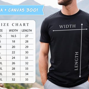 May include: Size chart for Bella + Canvas 3001 t-shirts, showing measurements in inches for width and length, for sizes XS to 5XL.