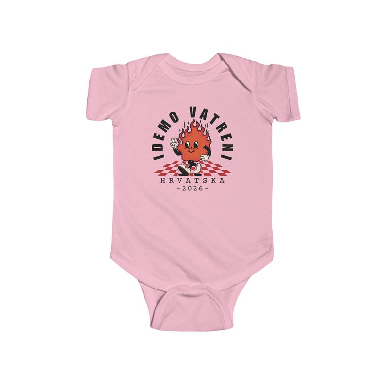 Idemo Vatreni Cartoon Fire Body para bebé, camiseta de fútbol de Croacia 2026, Hrvatska Nogomet Beba Majica Pink