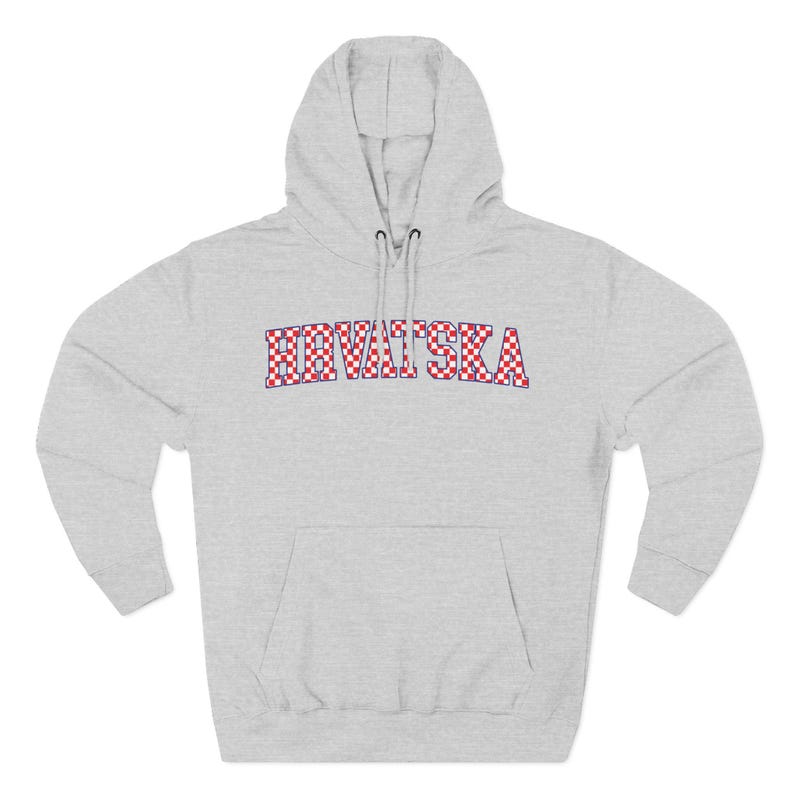 Hrvatska Checkers Hoodie, Croatian Red and White Checks Soccer Sweatshirt, Hrvatski Nogomet Džemper Heather Grey