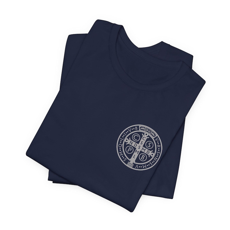 Saint Benedict Coin Shirt, Sveti Benedikt Medal T-Shirt, Medaljica Svetog Benedikta Majica Navy