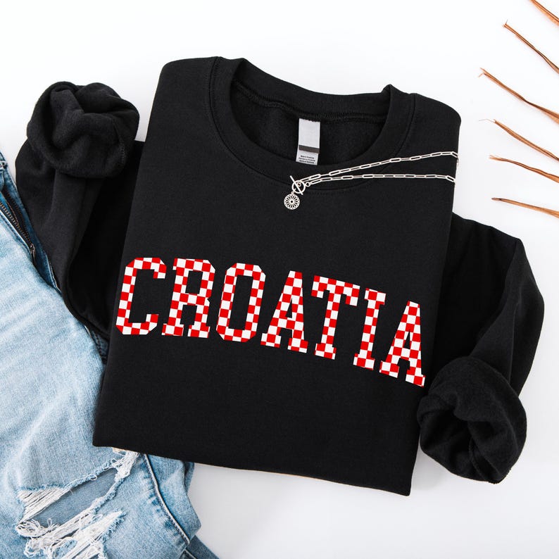 Croatia Checkers Sweatshirt, Croatian Red and White Checks Soccer Outfit, Hrvatska Nogomet Džemper bild 1