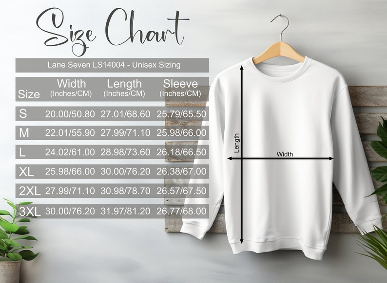 May include: Size chart for a unisex sweatshirt with measurements in inches and centimetres. The chart shows the width, length, and sleeve length for sizes S, M, L, XL, 2XL, and 3XL.
