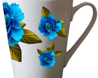 Blue Flowers Tea and Coffee Mug , 10 Ounce Porcelain Mugs, Ivory /White