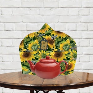 Sunflowers and Birds Cotton Fabric Tea Cosy, Handmade ,  Country Style Floral Tea Cozies for Teapot Keep Warm Double Insulated Kettle Cover