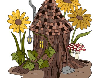 Página para colorir para download instantâneo da Casinha de Fadas Stump Cottage, tamanho carta/A4, para imprimir.