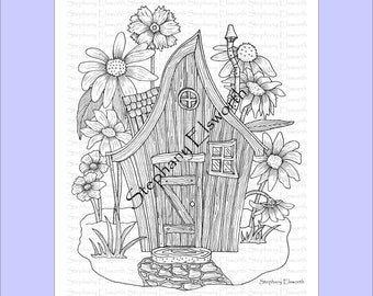 Disegno di Fairy House with Wildflowers JPG Printable Instant Download da colorare