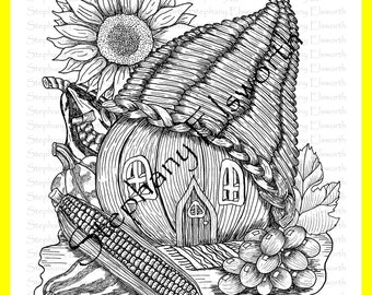 Cornucopia and Pumpkin Fairy House 8 1/2 x 11 Printable Instant Download Coloring Page