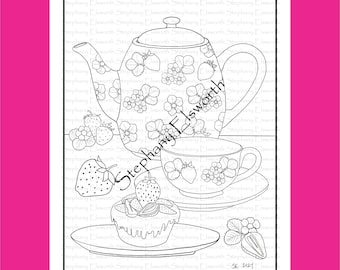 Té de fresa 8 1/2 x 11 Página para colorear de descarga instantánea imprimible